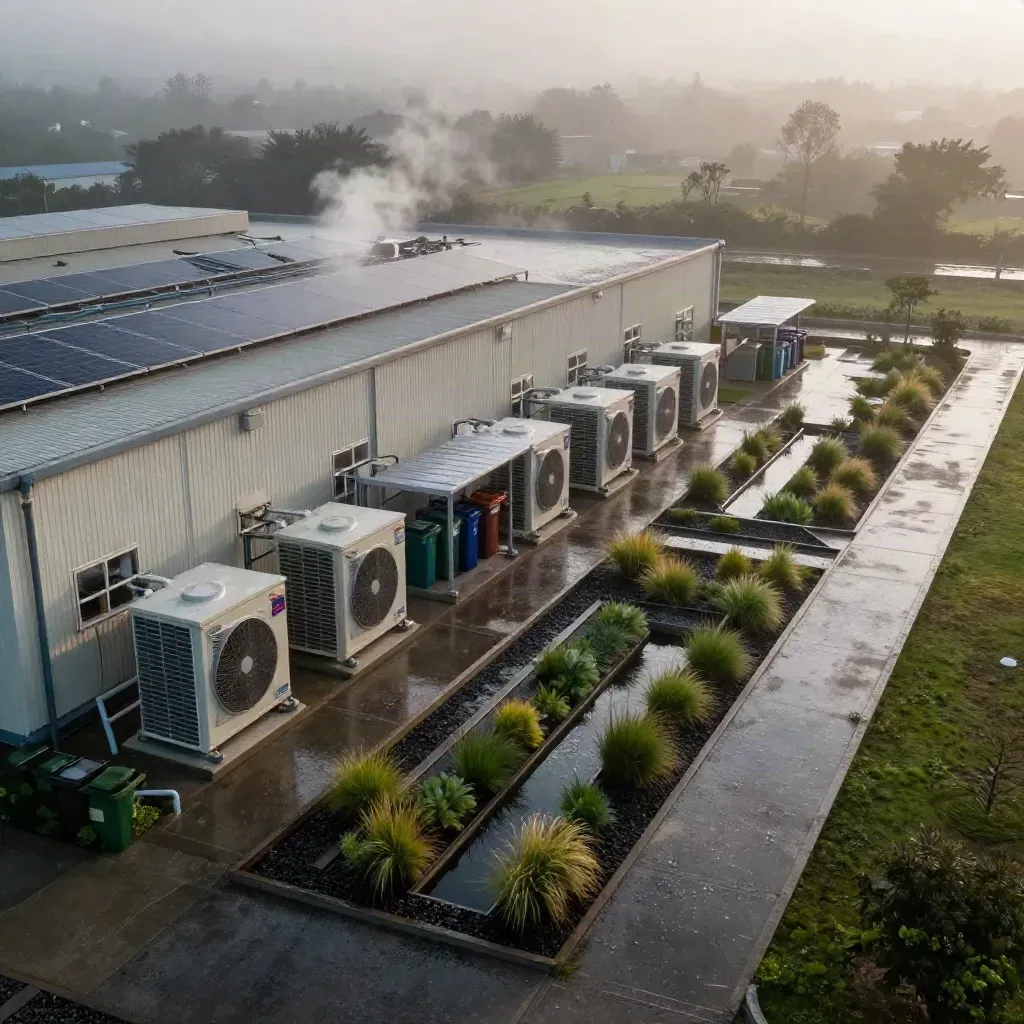 Campus industriale sostenibile bagnato dalla pioggia, tetto solare e pompe di calore tra la nebbia.