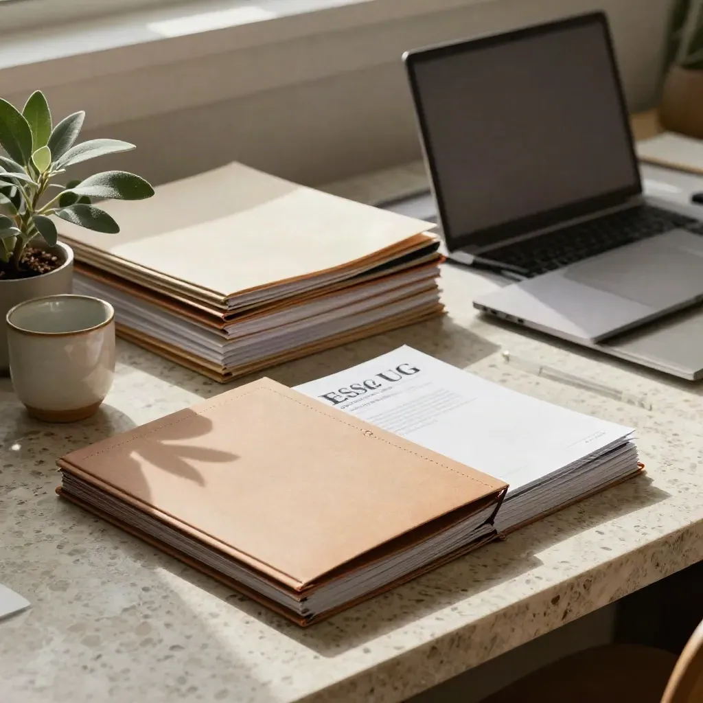 Cartella ESG finita, laptop chiuso, tazza e pianta su scrivania in luce morbida