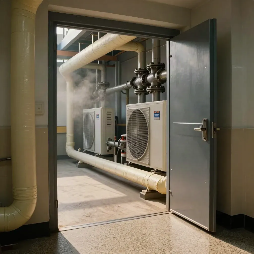 Locale tecnico scolastico con tubi isolati, pompe di calore e luce mattutina