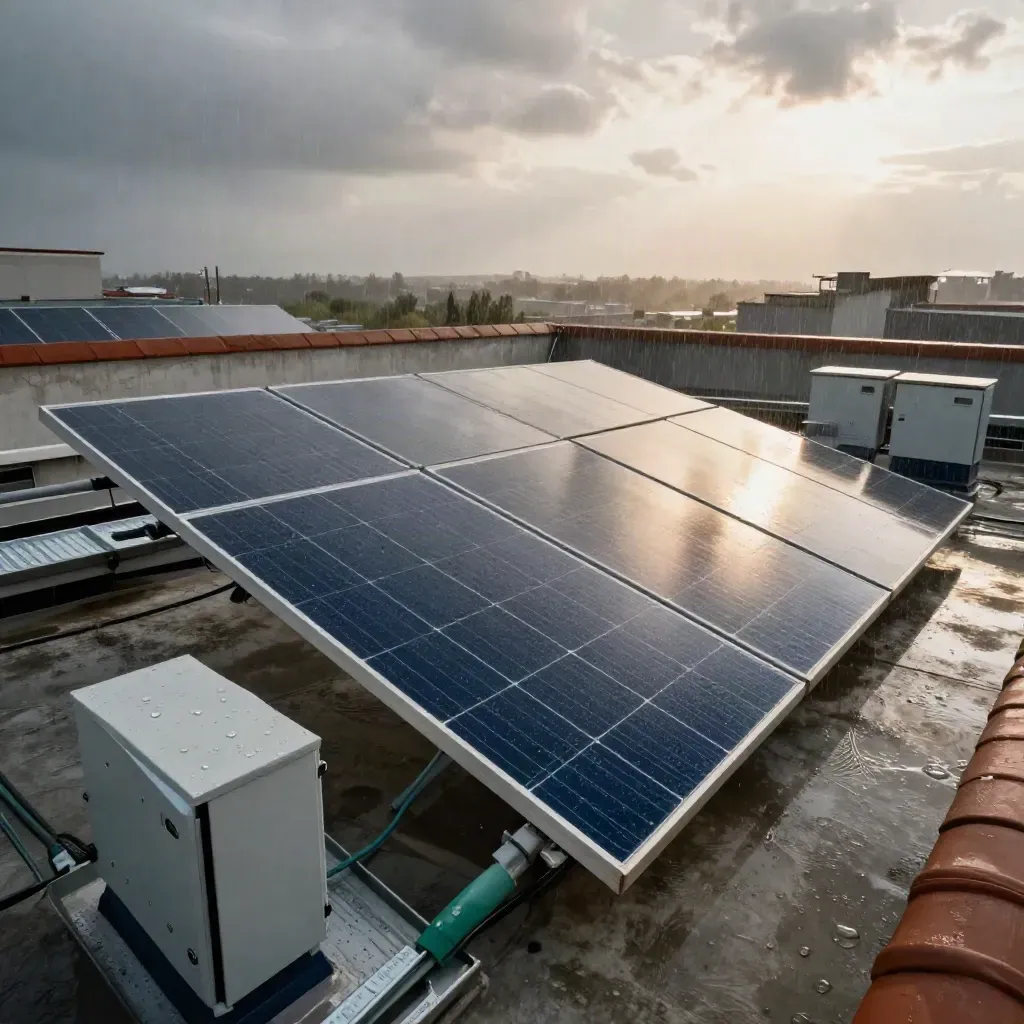 Tetto aziendale con pannelli fotovoltaici bagnati, inverter e luce del sole dopo la pioggia.