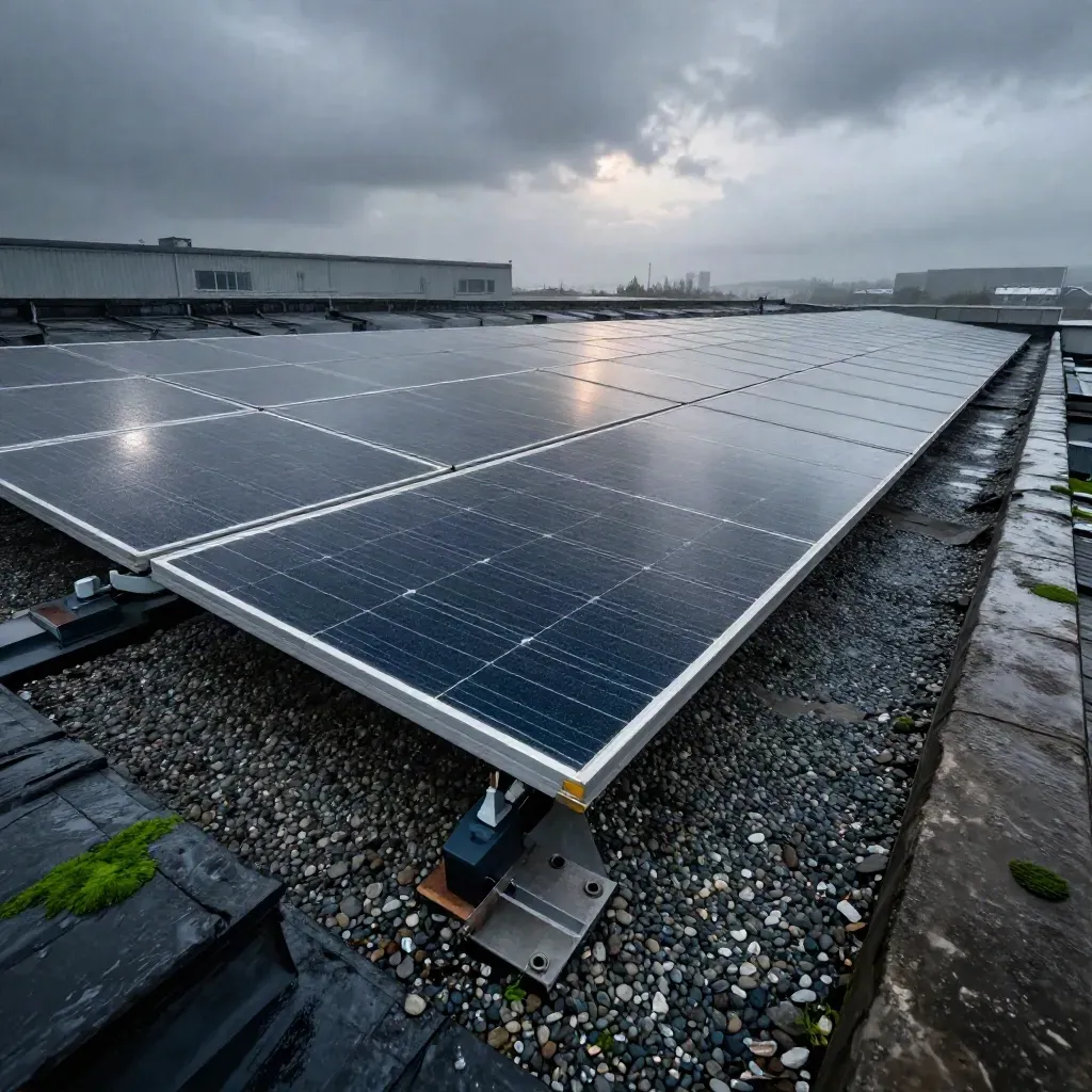 Pannelli fotovoltaici su tetto di magazzino con nebbia serale e pietre di parapetto.