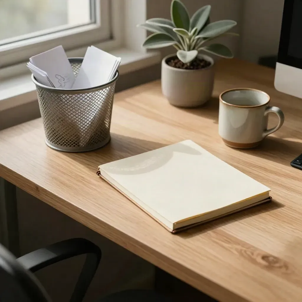 Scrivania d’ufficio riordinata con cestino carta, taccuino chiuso, tazza e pianta