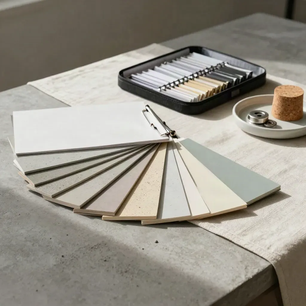 Tavolo di preparazione gare con campioni, cartelle, kit pronto e ciotola in ceramica su cemento.
