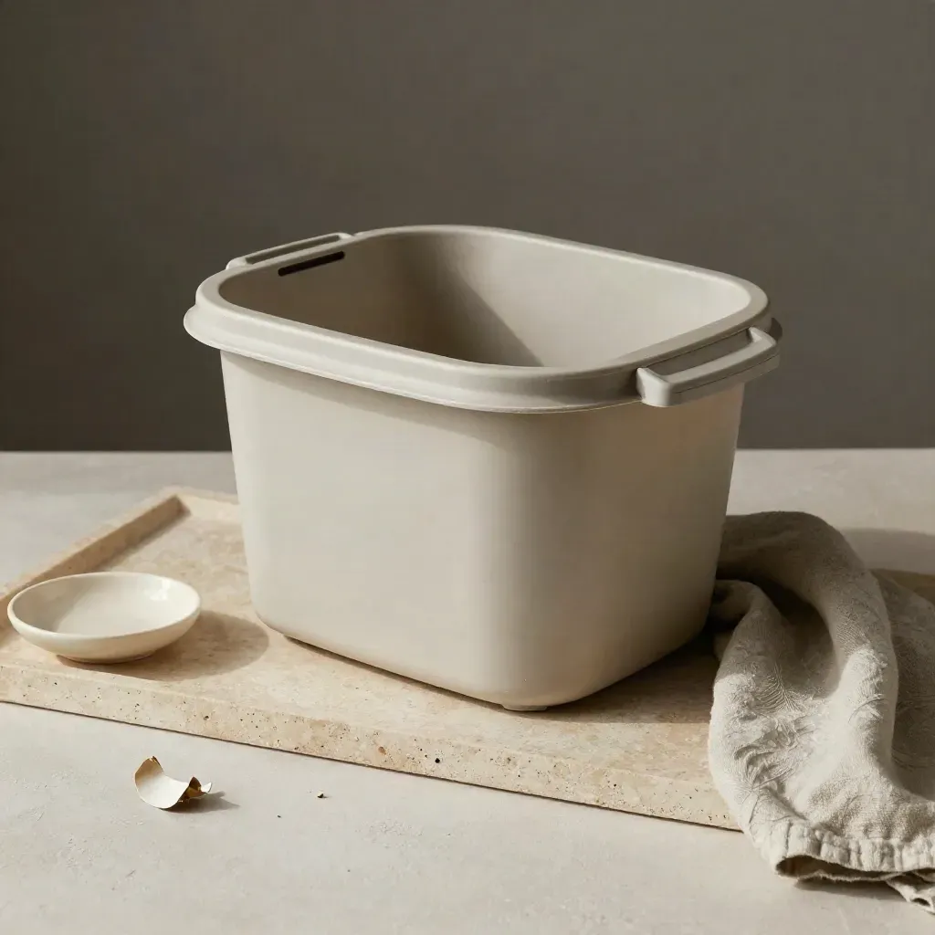Compost caddy su vassoio in pietra con ritagli di carta, piattino in ceramica e panno piegato.