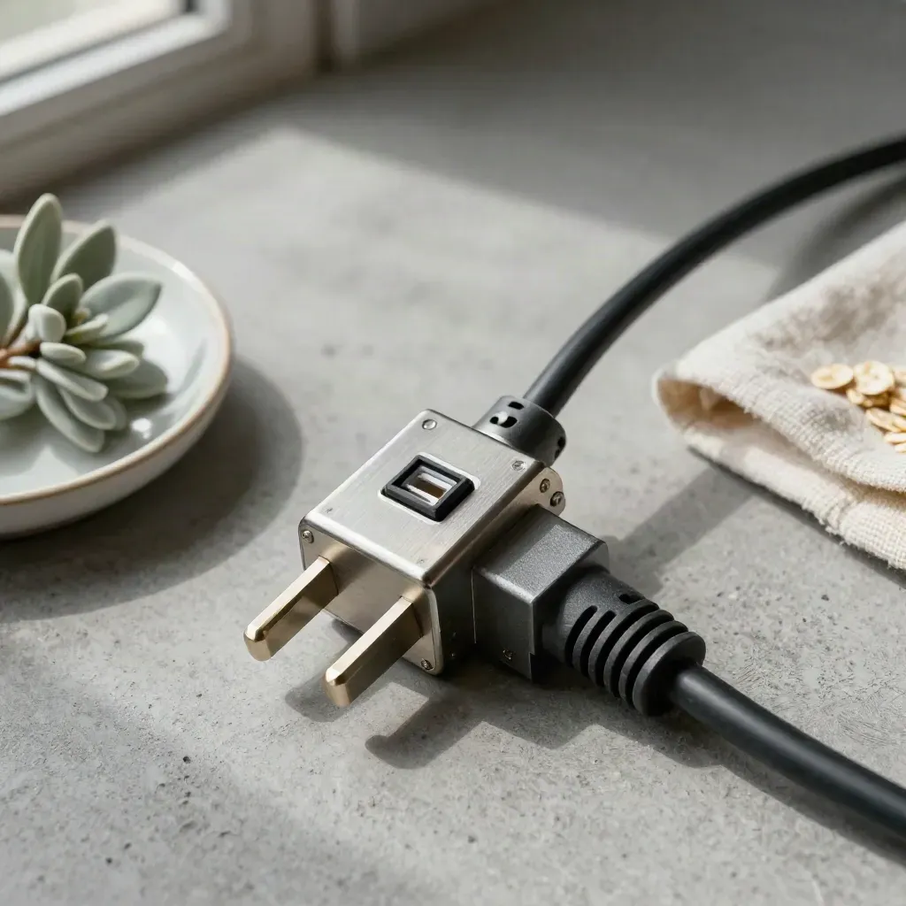 Flat lay dall’alto con spina industriale, cavo arrotolato, interruttore metallico, pianta e panno su cemento.